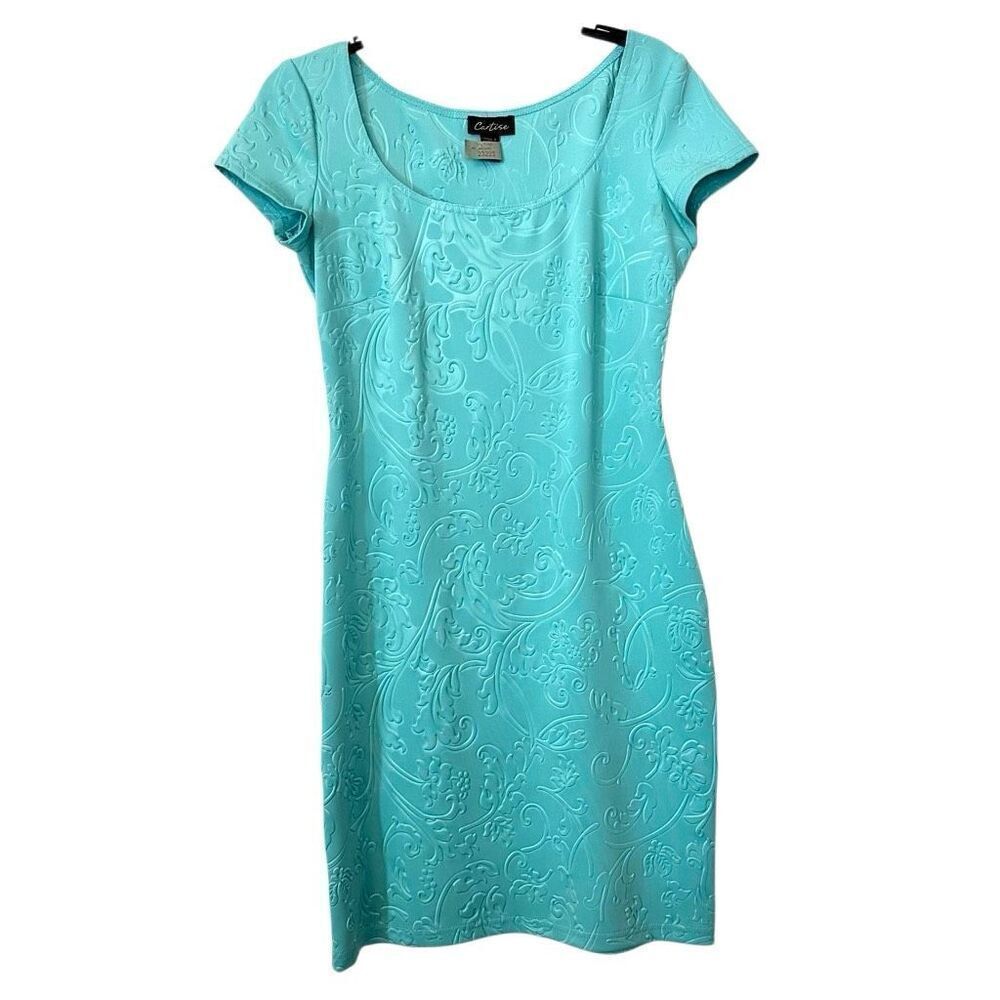 Cartise Cap Sleeve Textured Embossed Floral Sheath Dress Teal Size 6